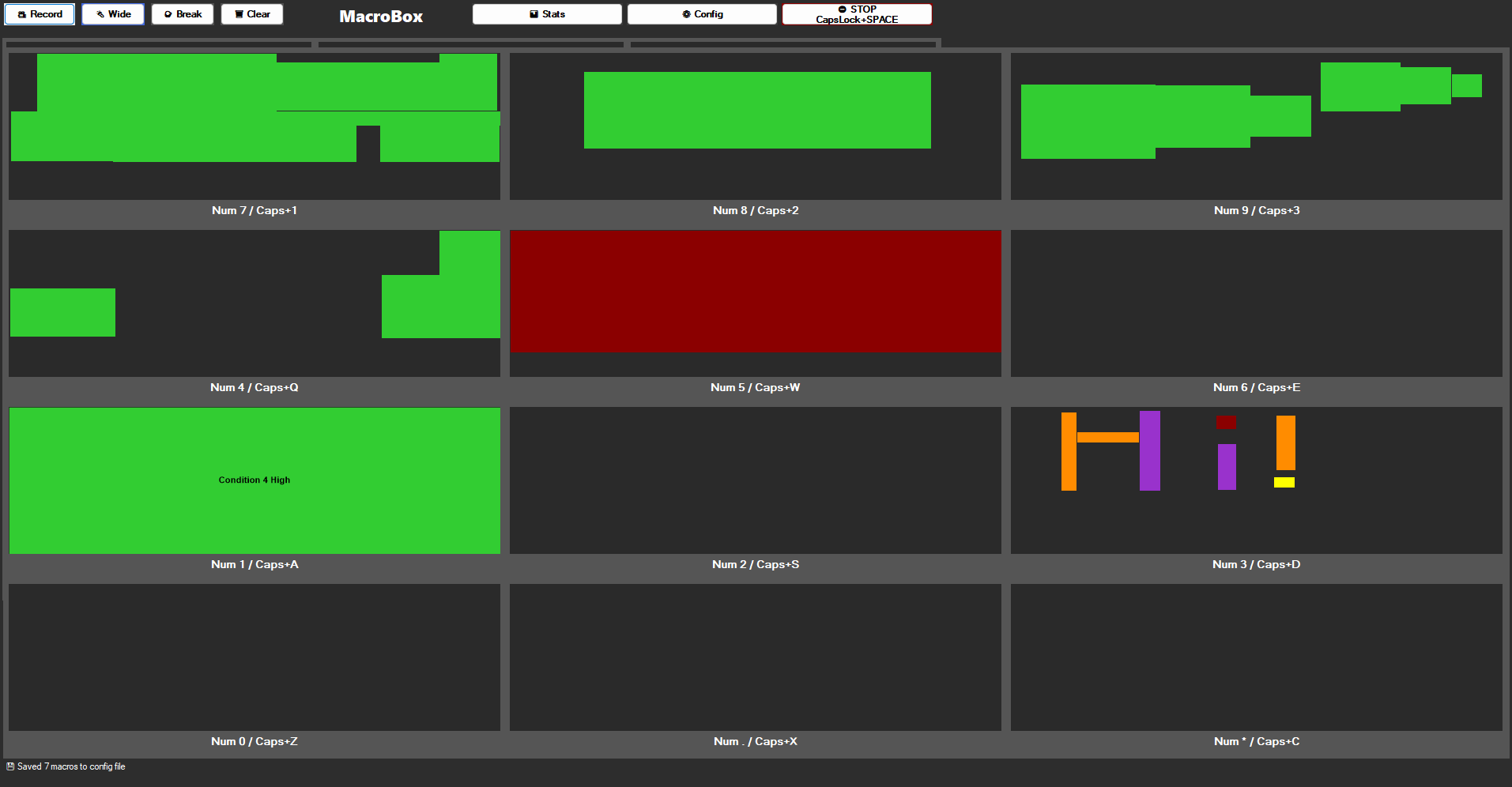 MacroBox user interface showing 9 recorded macro slots with keyboard bindings